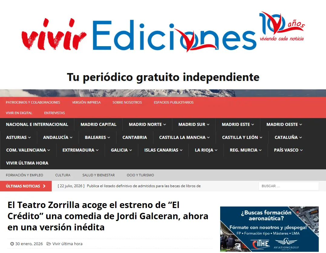 Cabecera del periódico digital Vivir Ediciones con el titular "El Teatro Zorrilla acoge el estreno de 'El Crédito' una comedia de Jordi Galceran, ahora en una versión inédita" y un banner lateral de formación aeronáutica.