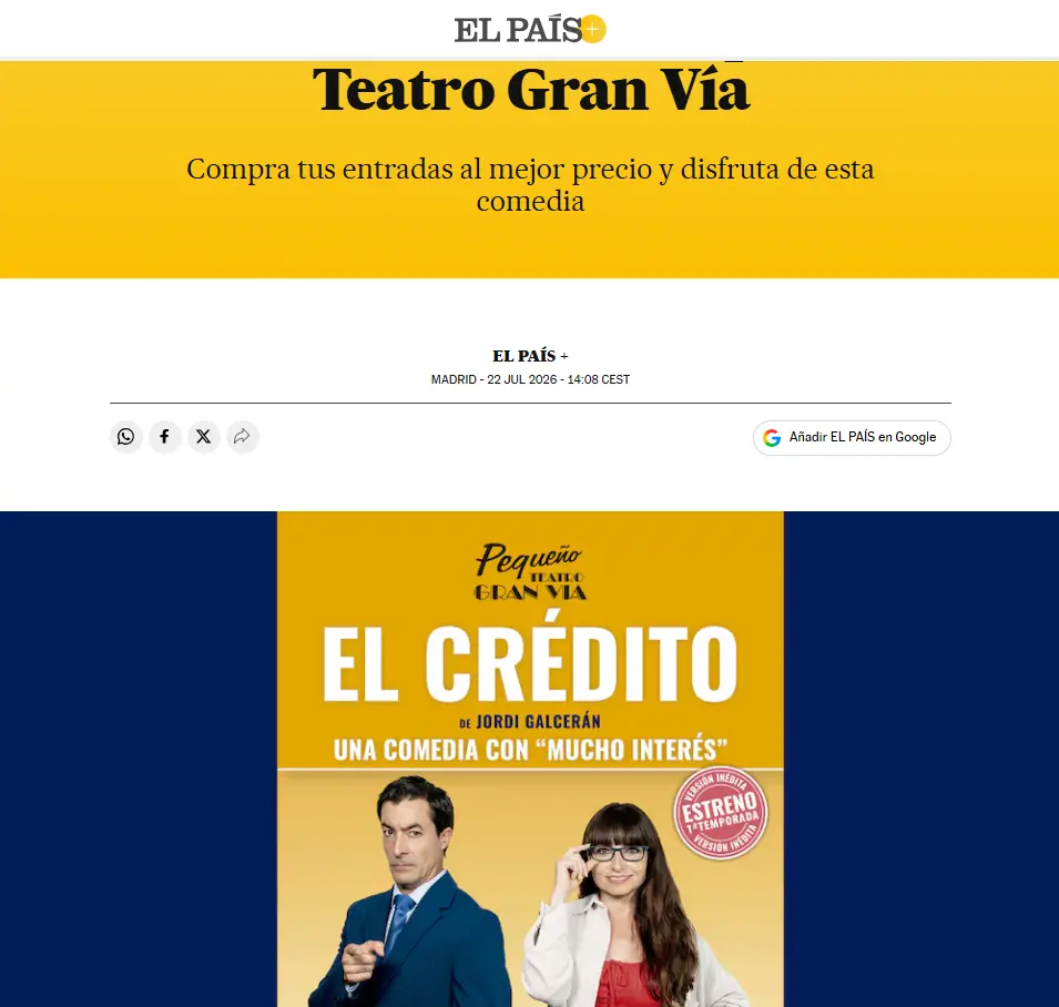 Cartel promocional de la comedia teatral El Crédito de Jordi Galcerán en el Pequeño Teatro Gran Vía con dos actores.