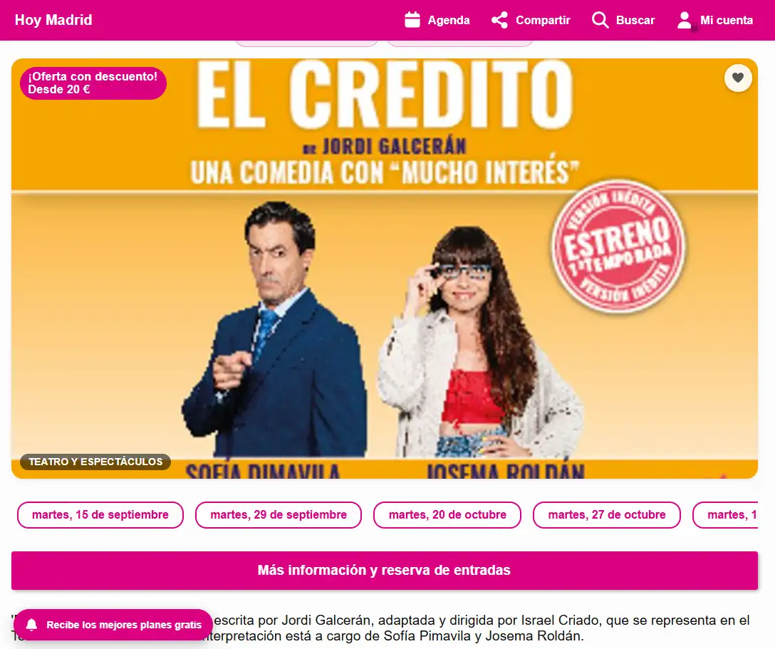 Cartel de la comedia teatral El Crédito con dos actores sobre fondo amarillo, fechas de función y botón de reserva.