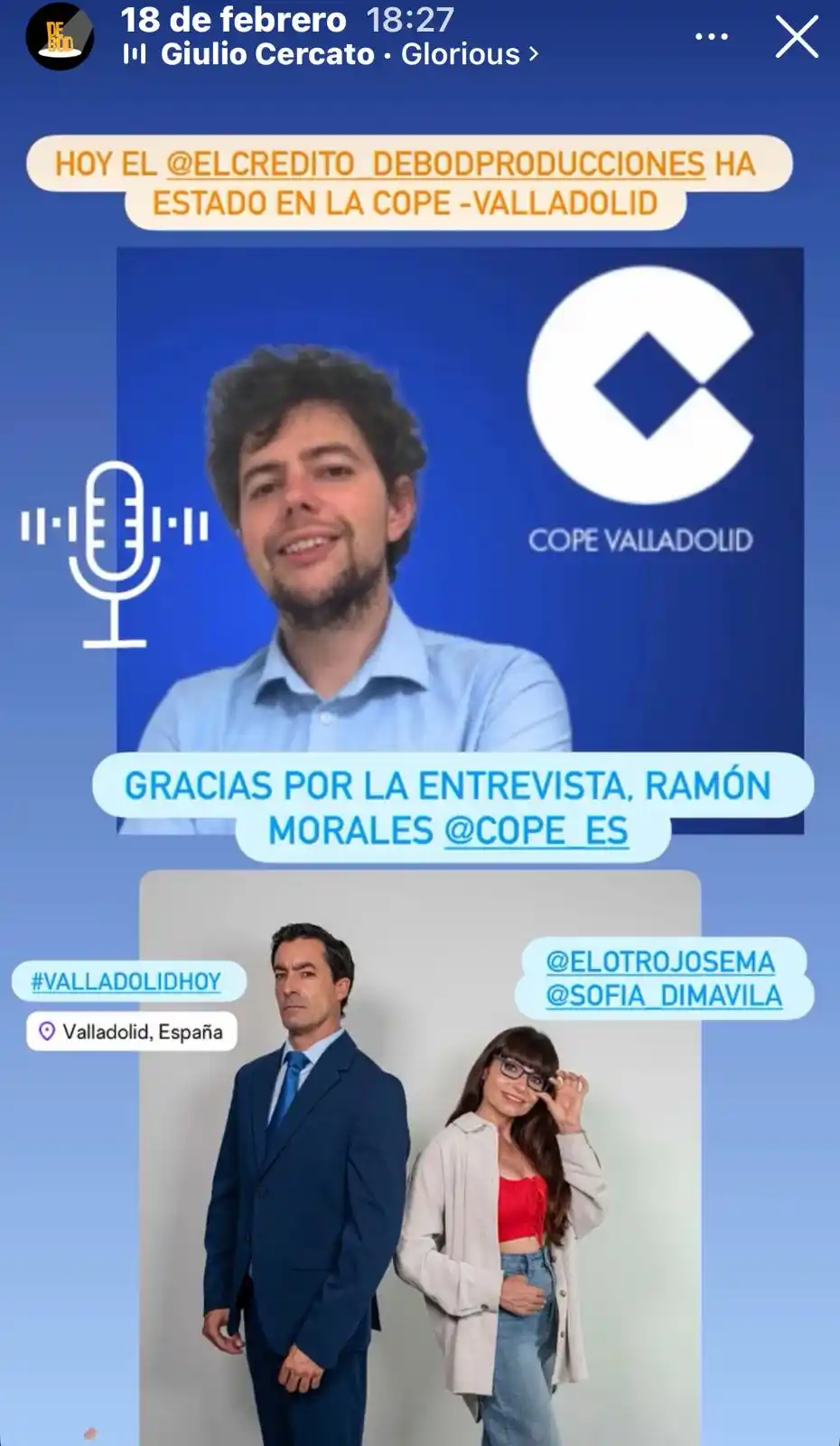 Historia anunciando entrevista en COPE Valladolid a Debodproducciones con fotografías de los invitados y agradecimientos.