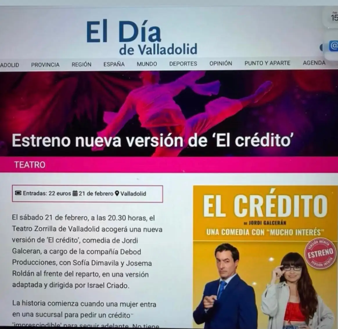 Noticia digital en El Día de Valladolid sobre el estreno de la comedia teatral El crédito en el Teatro Zorrilla.