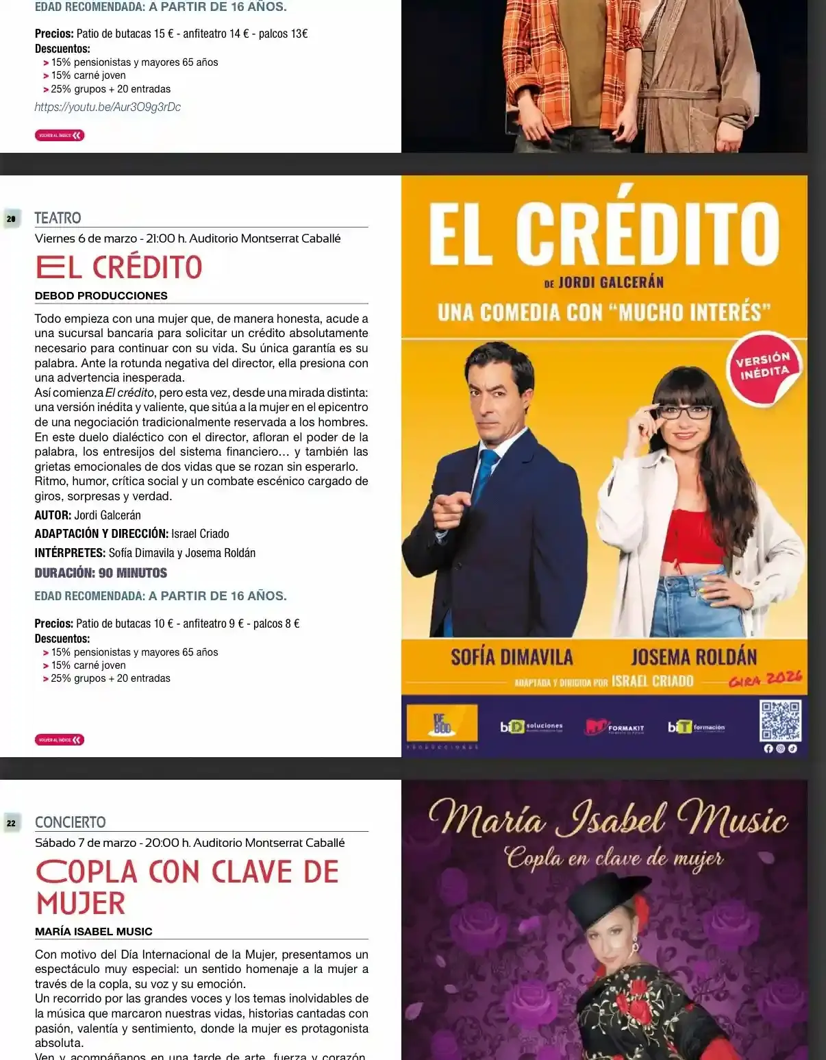 Folleto promocional de la comedia teatral El Crédito de Jordi Galcerán, mostrando a los actores Sofía Dimavila y Josema Roldán junto a los detalles de la función en el Auditorio Montserrat Caballé.